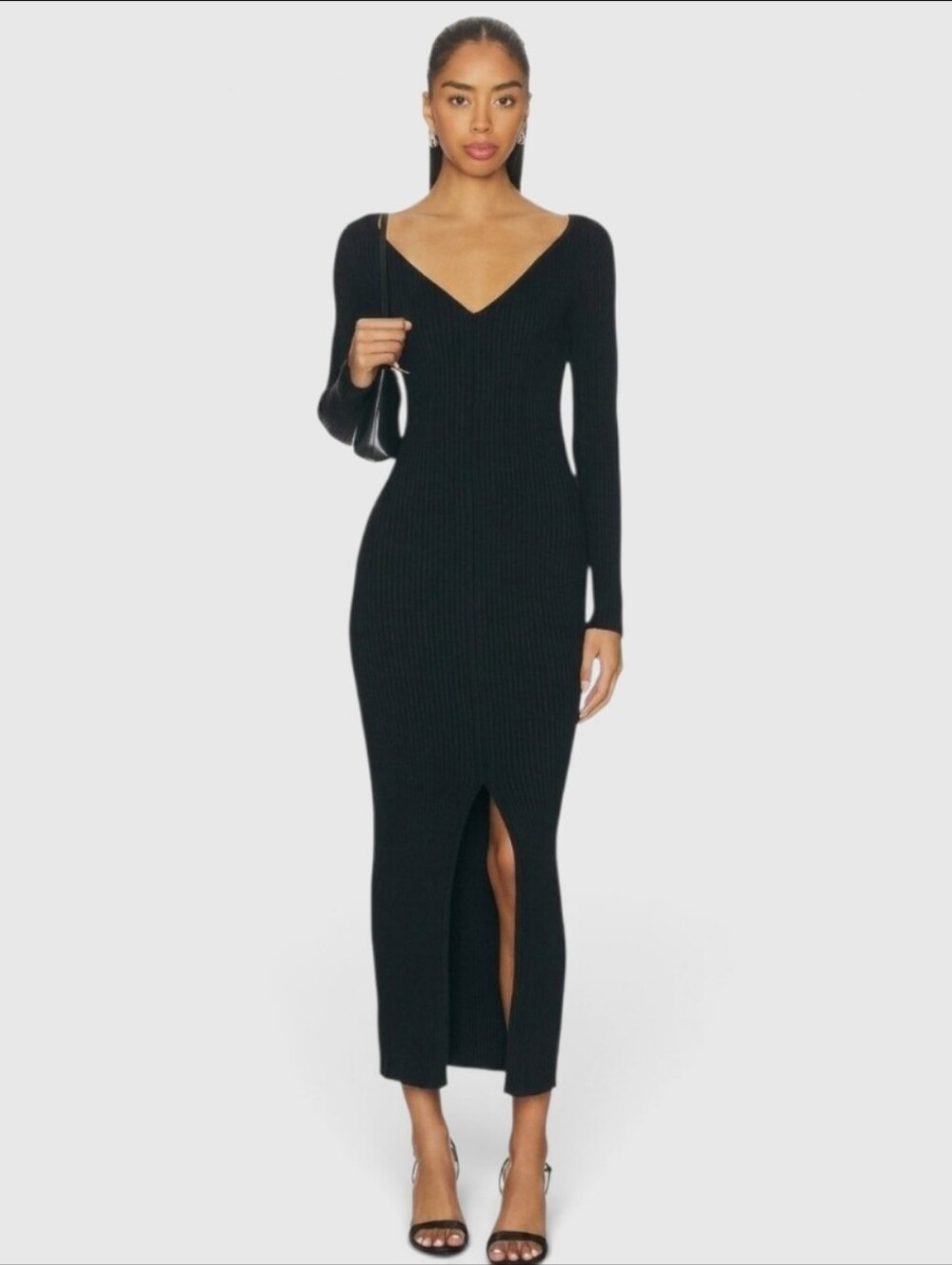 ASTR The Label Ribbed Black Knit Wrap V-Neck Maxi Dress Womens Medium